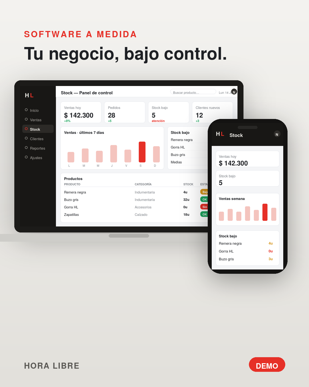 Mockup de panel de gestión a medida